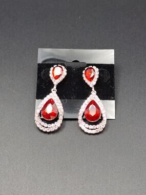 Ruby Red Teardrop Dangle Statement Earrings Clear Stone Double Halo